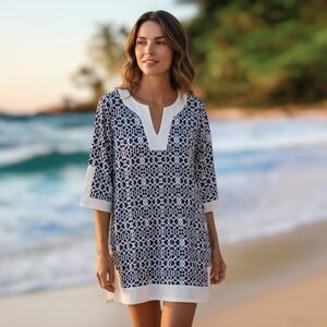 Navy White Geometric Shift Dress Short Sleeve Stretch Work Resort Small